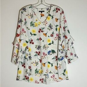 John Mark Top Womens Large Multicolor Floral Dot Ruffle Sleeve V Hi Low Artsy L